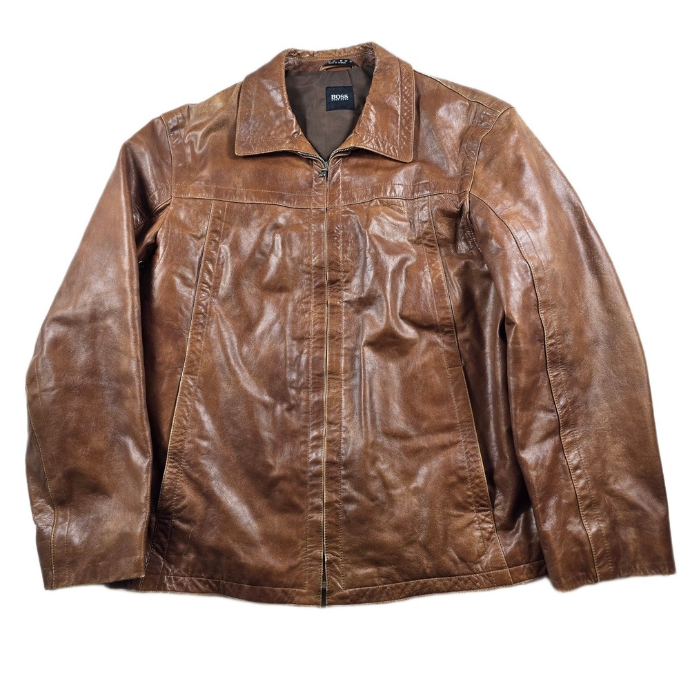 Vintage Hugo Boss Leather Bomber Jacket Mens Large 42R Brown Lamb Calston Zip